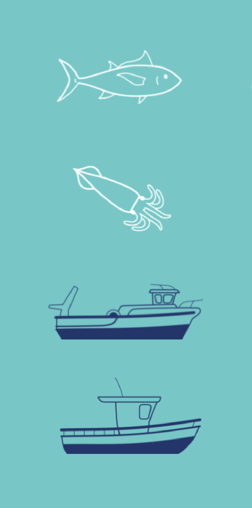 ilustraciones de peces y barcos